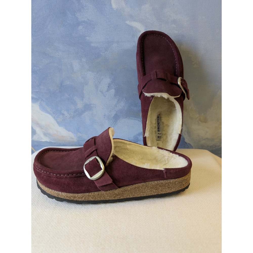 NEW! Birkenstock Women's 7 ' Buckley' Suede Shearling Clog Burgandy $180 - Picture 4 of 10